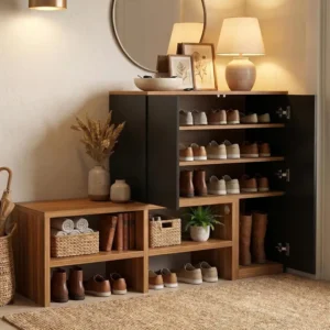 black and walnut corner shoe organizer with 4 tiers 1