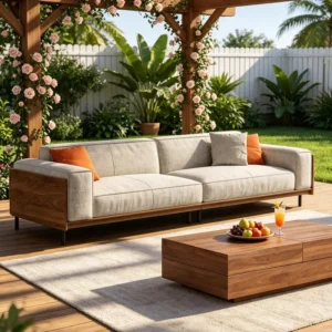 grey linen patio sofa with removable cushions 1