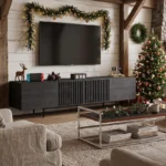 mid century inspired black media console with slatted wood doors 1