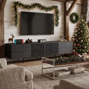mid century inspired black media console with slatted wood doors 1