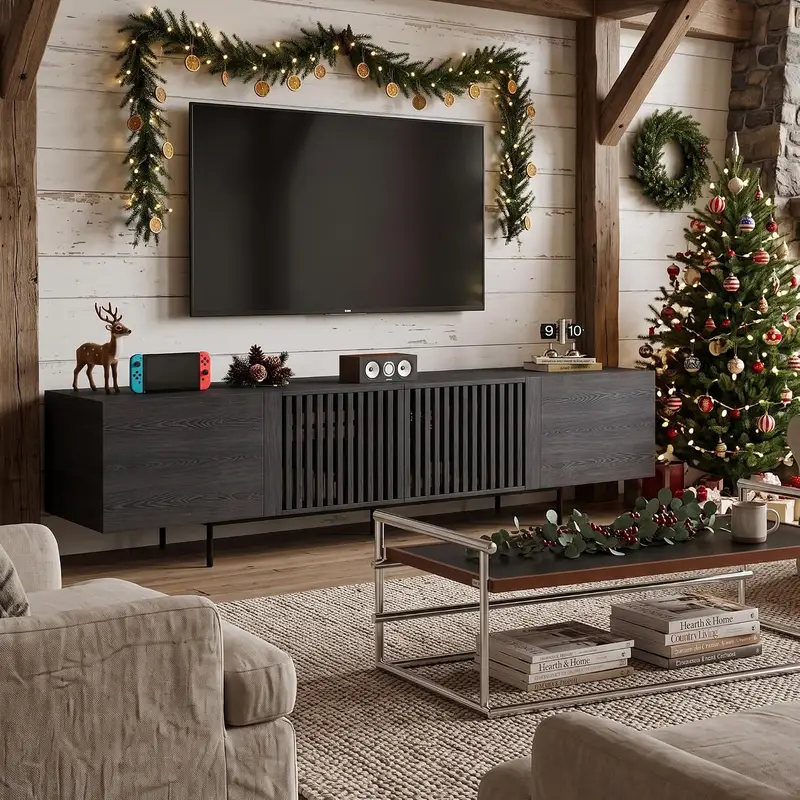 mid century inspired black media console with slatted wood doors 1 mid century inspired black media console with slatted wood doors 1