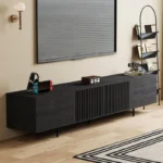 mid century inspired black media console with slatted wood doors 2