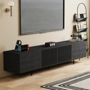 mid century inspired black media console with slatted wood doors 2