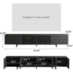 mid century inspired black media console with slatted wood doors 3