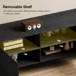 mid century inspired black media console with slatted wood doors 5