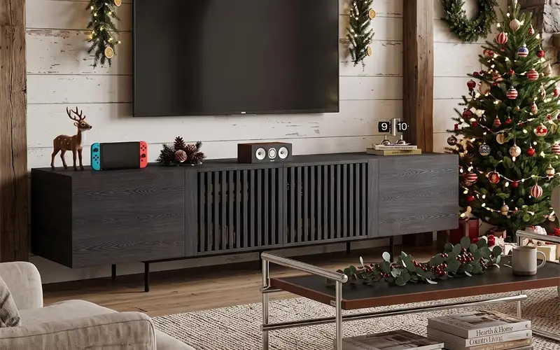 mid century inspired black media console with slatted wood doors feature 1