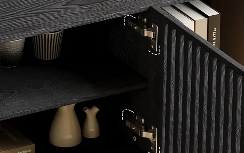 mid century inspired black media console with slatted wood doors feature 5