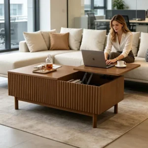 mid century modern coffee table with hidden compartment and drawers 2