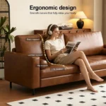 mid century modern faux leather sofa with tufted cushions 6