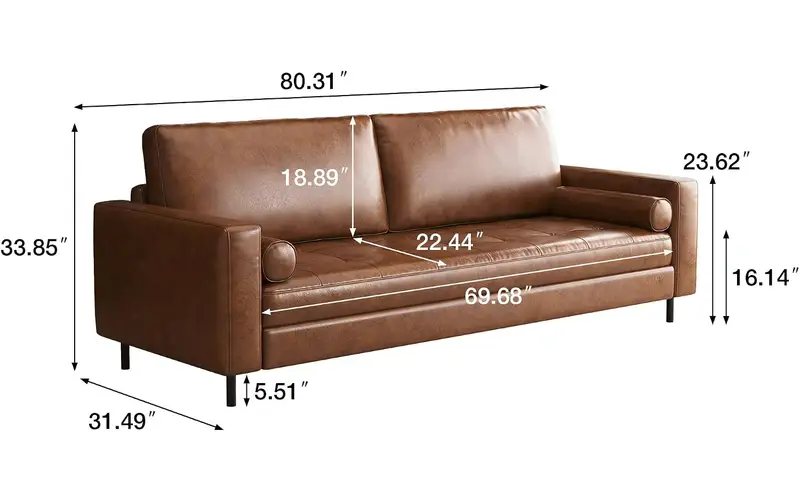 mid century modern faux leather sofa with tufted cushions feature 2