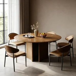mid century modern veneer dining table with sculptural base 1