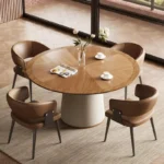 mid century modern walnut finish dining table with wrapped pedestal base 1