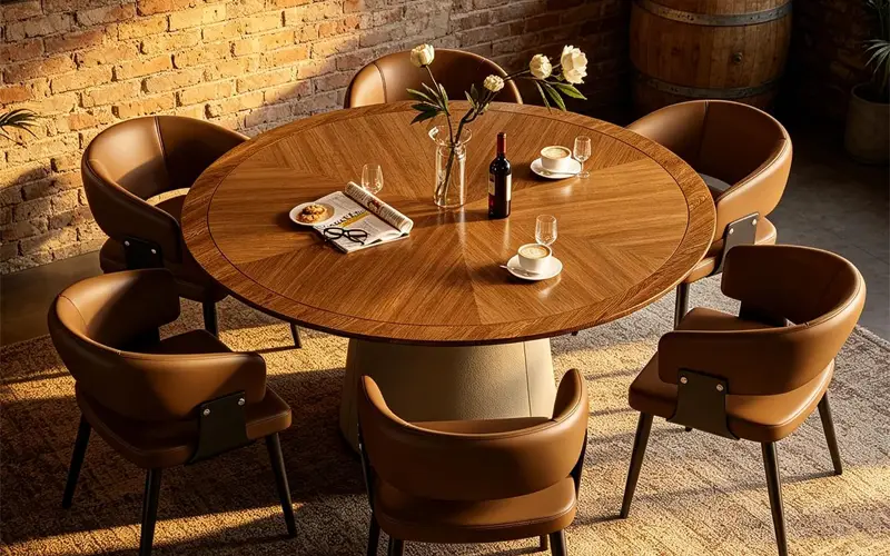 mid century modern walnut finish dining table with wrapped pedestal base feature 2