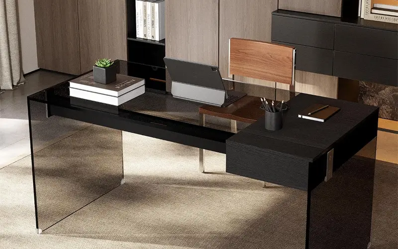 Black Glass, Clear Legs, and Wood Finish