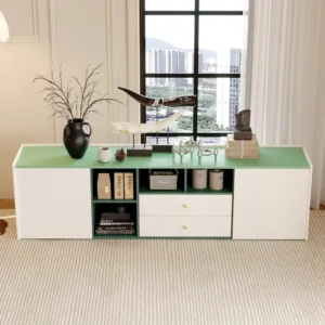 modern media console with 4 open shelves and 2 drawers 1