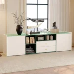 modern media console with 4 open shelves and 2 drawers 2