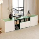 modern media console with 4 open shelves and 2 drawers 6