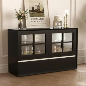 nesscarsti 47 24 inch black buffet cabinet with glass doors and 2 drawers 1