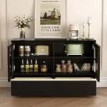 nesscarsti 47 24 inch black buffet cabinet with glass doors and 2 drawers 2