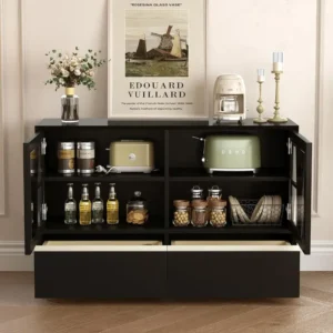 nesscarsti 47 24 inch black buffet cabinet with glass doors and 2 drawers 2