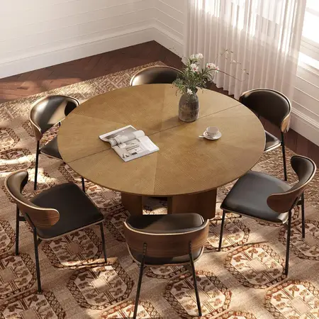 round dining table with parquet solid wood tabletop
