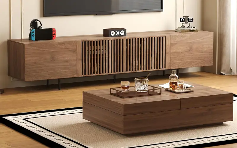 walnut finish two piece living room furniture set with storage feature 1
