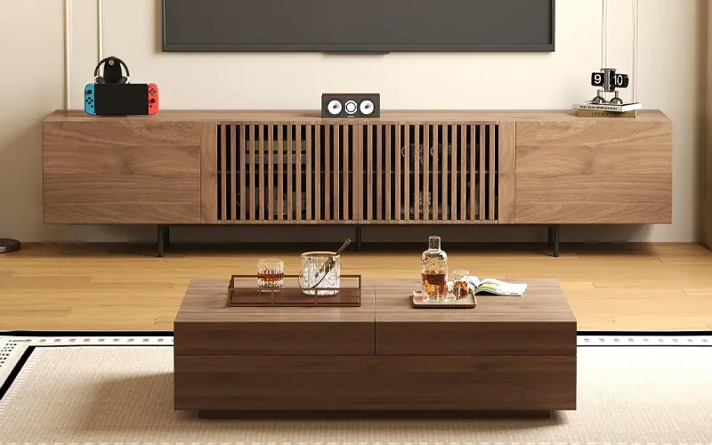 walnut finish two piece living room furniture set with storage feature 4